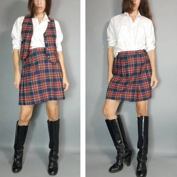 Vintage 90s Plaid Vest Skirt Set xs s - Picture 1 of 8